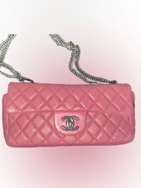 CHANEL Pink Quilted Lambskin Mini Flap Shoulder Bag with Silver Chain